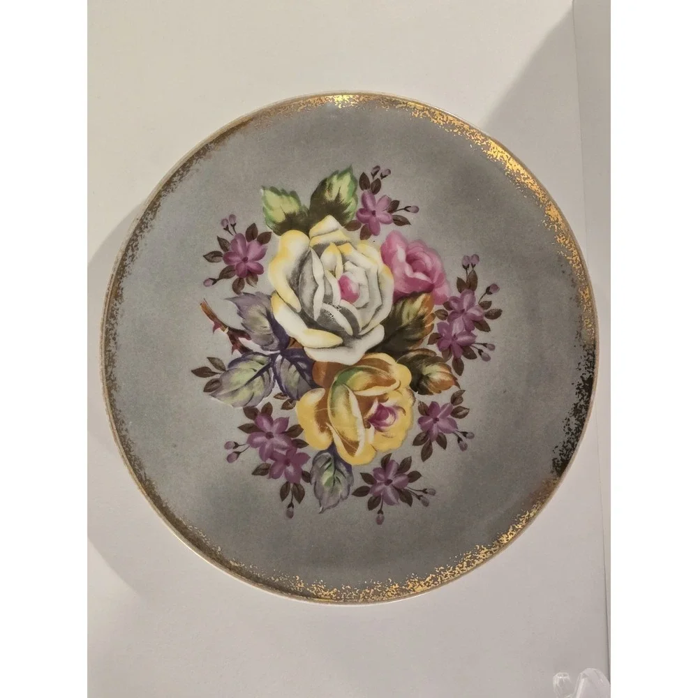 HB China Tea Cup Floral 2191 White Iridescent Gold Trim Gray Lusterware Roses